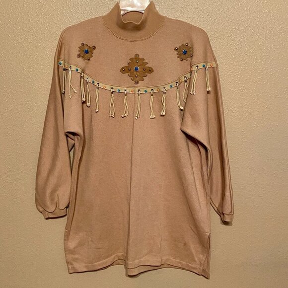Vintage Adolfo Sport Southwest Fringe Tan Sweatshirt Beaded Women's Approx L - Picture 1 of 6